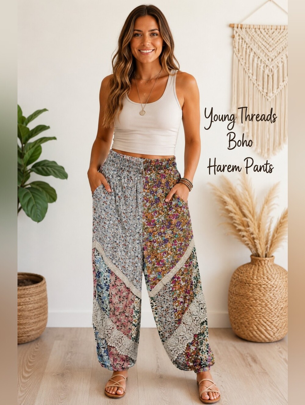 166  Young Threads Boho Wide Leg Harem Pants - Multicolor Floral